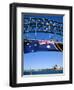 Flag, Sydney Harbour Bridge and Opera House, Sydney, New South Wales, Australia-Fraser Hall-Framed Photographic Print