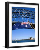 Flag, Sydney Harbour Bridge and Opera House, Sydney, New South Wales, Australia-Fraser Hall-Framed Photographic Print