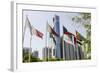 Flags in Park and Downtown Skyline of Dubai, United Arab Emirates-Michael DeFreitas-Framed Photographic Print