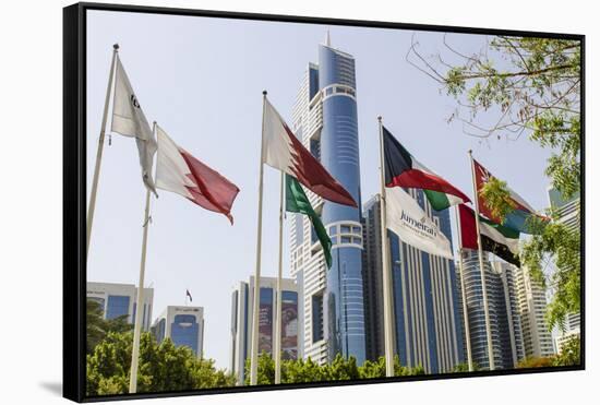 Flags in Park and Downtown Skyline of Dubai, United Arab Emirates-Michael DeFreitas-Framed Stretched Canvas