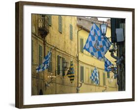 Flags of the Onda (Wave) Contrada in the Via Giovanni Dupre, Siena, Tuscany, Italy, Europe-Ruth Tomlinson-Framed Photographic Print