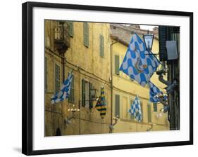 Flags of the Onda (Wave) Contrada in the Via Giovanni Dupre, Siena, Tuscany, Italy, Europe-Ruth Tomlinson-Framed Photographic Print