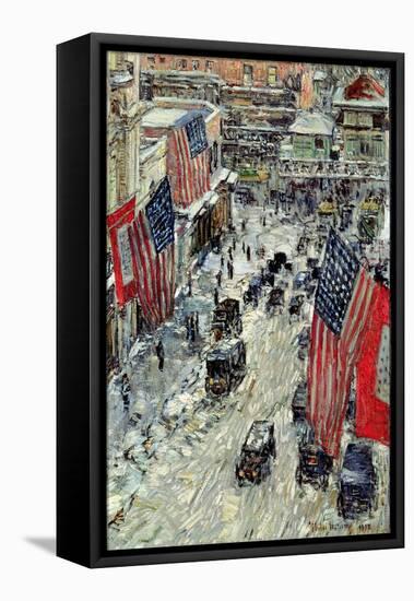 Flags on 57th Street, Winter 1918-Childe Hassam-Framed Stretched Canvas