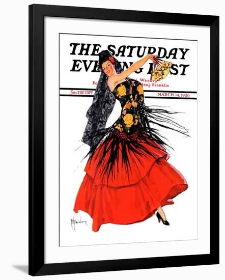 "Flamenco Dancer in Red," Saturday Evening Post Cover, March 14, 1936-R.J. Cavaliere-Framed Giclee Print