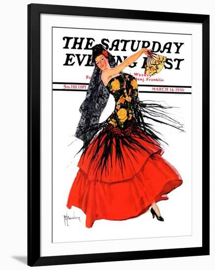 "Flamenco Dancer in Red," Saturday Evening Post Cover, March 14, 1936-R.J. Cavaliere-Framed Giclee Print