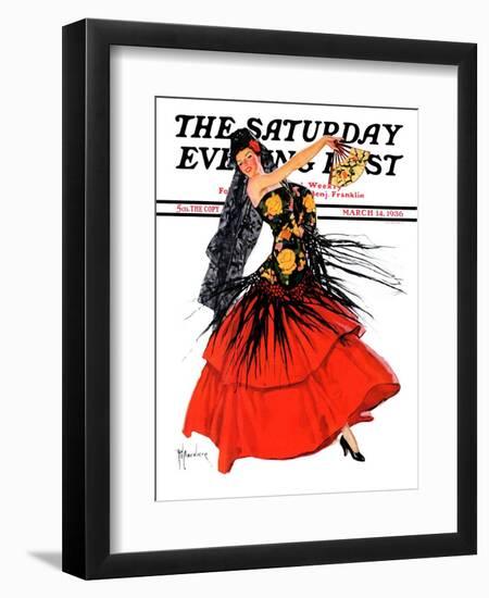 "Flamenco Dancer in Red," Saturday Evening Post Cover, March 14, 1936-R.J. Cavaliere-Framed Giclee Print