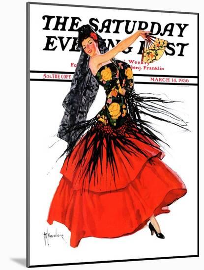 "Flamenco Dancer in Red," Saturday Evening Post Cover, March 14, 1936-R.J. Cavaliere-Mounted Giclee Print