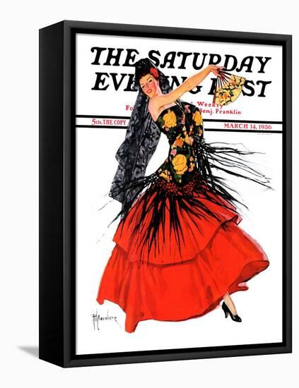 "Flamenco Dancer in Red," Saturday Evening Post Cover, March 14, 1936-R.J. Cavaliere-Framed Stretched Canvas