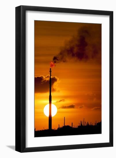 Flames and Smoke Billow from Natural Gas Flare at Valero Oil Refinery at Sunset-null-Framed Premium Photographic Print