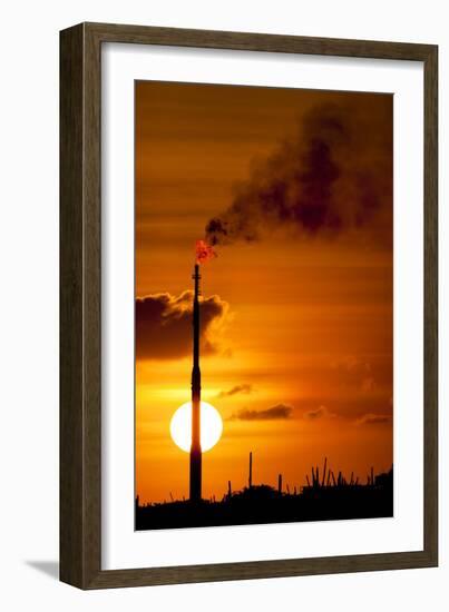 Flames and Smoke Billow from Natural Gas Flare at Valero Oil Refinery at Sunset-null-Framed Photographic Print