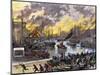 Flaming Buildings and Boats on the Chicago River During the Great Fire, 1871-null-Mounted Giclee Print