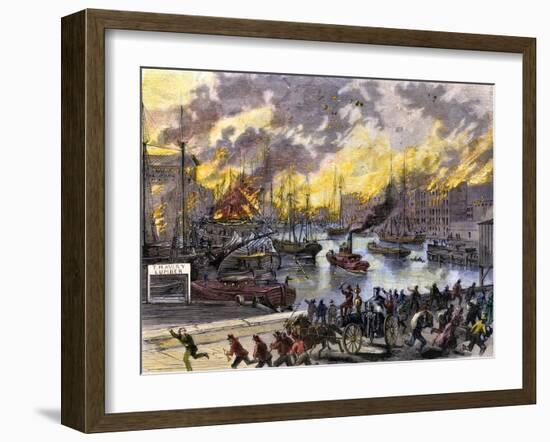 Flaming Buildings and Boats on the Chicago River During the Great Fire, 1871-null-Framed Giclee Print