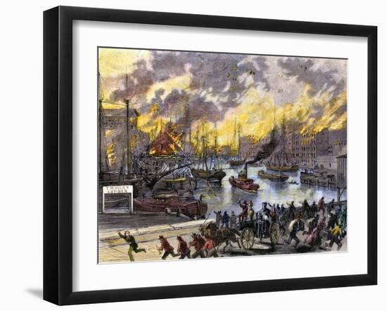 Flaming Buildings and Boats on the Chicago River During the Great Fire, 1871-null-Framed Giclee Print