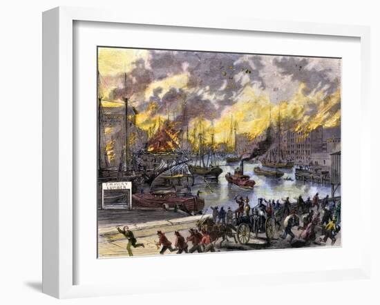 Flaming Buildings and Boats on the Chicago River During the Great Fire, 1871-null-Framed Giclee Print