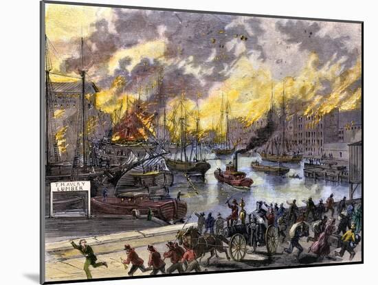 Flaming Buildings and Boats on the Chicago River During the Great Fire, 1871-null-Mounted Giclee Print
