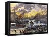 Flaming Buildings and Boats on the Chicago River During the Great Fire, 1871-null-Framed Stretched Canvas