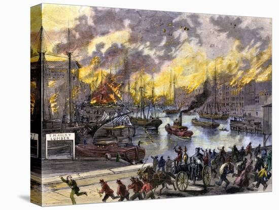 Flaming Buildings and Boats on the Chicago River During the Great Fire, 1871-null-Stretched Canvas