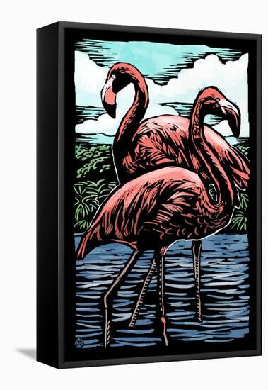 Flamingos - Scratchboard-Lantern Press-Framed Stretched Canvas
