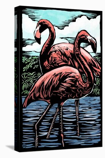 Flamingos - Scratchboard-Lantern Press-Stretched Canvas