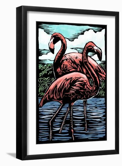 Flamingos - Scratchboard-Lantern Press-Framed Art Print