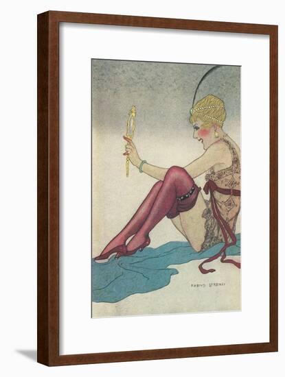 Flapper Admiring Herself in Mirror-null-Framed Art Print