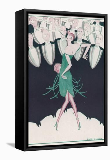 Flapper in a Green Dress Dances in Front of a Group of Men in Evening Dress-Andree Sikorska-Framed Stretched Canvas