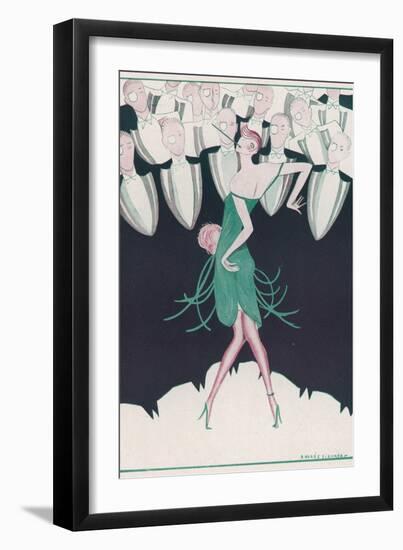 Flapper in a Green Dress Dances in Front of a Group of Men in Evening Dress-Andree Sikorska-Framed Photographic Print
