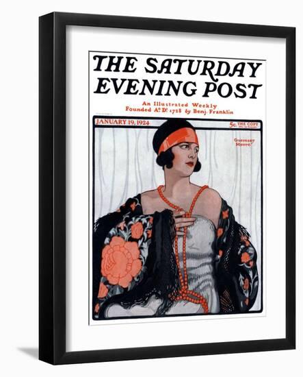 "Flapper in Shawl and Beads," Saturday Evening Post Cover, January 19, 1924-G. Moore-Framed Premium Giclee Print