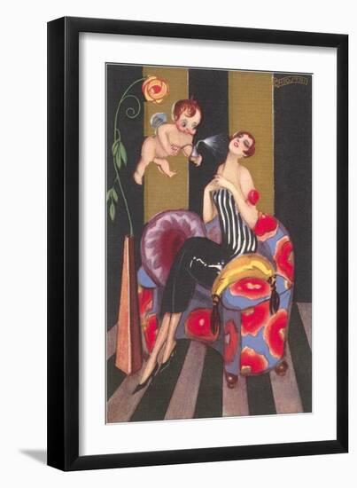 Flapper Sprayed by Perfume-Bearing Cherub-null-Framed Art Print