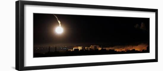 Flares and Smoke are Seen During an Israeli Military Operation in Downtown Gaza City-null-Framed Photographic Print