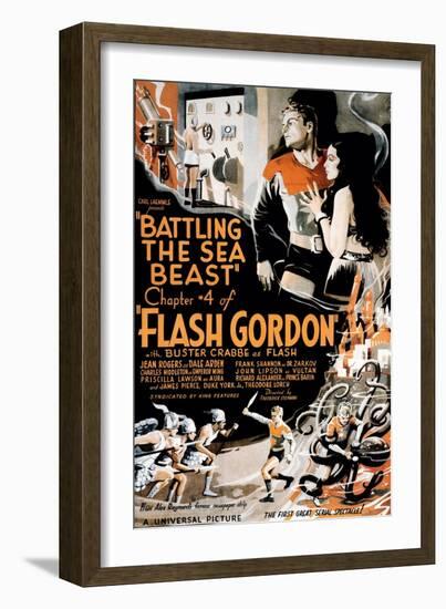 Flash Gordon, Larry 'Buster' Crabbe In 'Chapter 4: Battling the Sea Beast', 1936-null-Framed Art Print