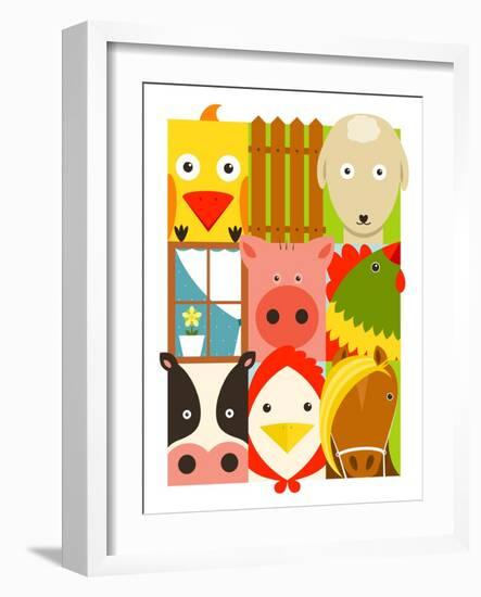 Flat Childish Rectangular Cattle Farm Animals Set. Animals Design Collection. Vector Layered Eps8 I-Popmarleo-Framed Art Print