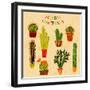 Flat Colorful Illustration of Mexican Succulent Plants and Cactuses in Pots. Vector Botanical Graph-kateja-Framed Art Print