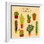 Flat Colorful Illustration of Mexican Succulent Plants and Cactuses in Pots. Vector Botanical Graph-kateja-Framed Art Print