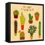 Flat Colorful Illustration of Mexican Succulent Plants and Cactuses in Pots. Vector Botanical Graph-kateja-Framed Stretched Canvas