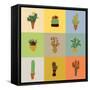 Flat Colorful Illustration of Mexican Succulent Plants and Cactuses in Pots. Vector Botanical Graph-kateja-Framed Stretched Canvas