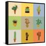 Flat Colorful Illustration of Mexican Succulent Plants and Cactuses in Pots. Vector Botanical Graph-kateja-Framed Stretched Canvas