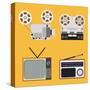 Flat Design Retro Objects with a Film Projector, Tape Recorder, TV and Radio-IKuvshinov-Stretched Canvas