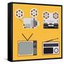 Flat Design Retro Objects with a Film Projector, Tape Recorder, TV and Radio-IKuvshinov-Framed Stretched Canvas