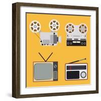 Flat Design Retro Objects with a Film Projector, Tape Recorder, TV and Radio-IKuvshinov-Framed Art Print