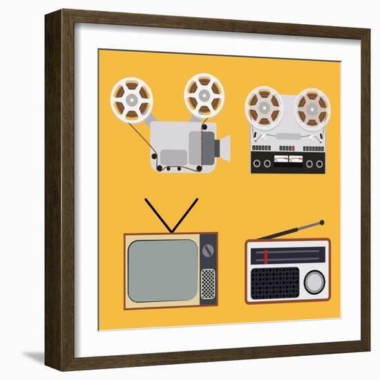 Flat Design Retro Objects with a Film Projector, Tape Recorder, TV and Radio-IKuvshinov-Framed Art Print