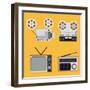 Flat Design Retro Objects with a Film Projector, Tape Recorder, TV and Radio-IKuvshinov-Framed Art Print