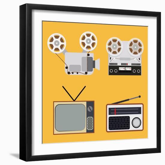 Flat Design Retro Objects with a Film Projector, Tape Recorder, TV and Radio-IKuvshinov-Framed Art Print