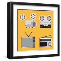 Flat Design Retro Objects with a Film Projector, Tape Recorder, TV and Radio-IKuvshinov-Framed Art Print