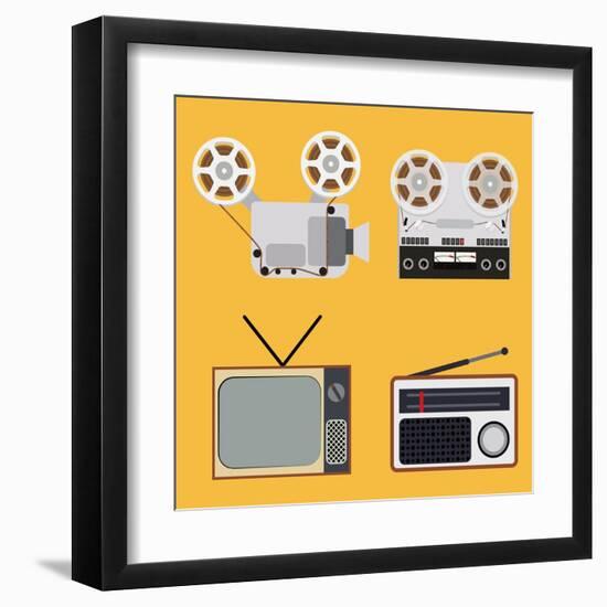 Flat Design Retro Objects with a Film Projector, Tape Recorder, TV and Radio-IKuvshinov-Framed Art Print