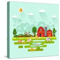 Flat Design Vector Rural Landscape Illustration with Farm Building, Barn, Garden, Beds of Carrots,-MilkyM-Stretched Canvas