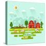 Flat Design Vector Rural Landscape Illustration with Farm Building, Barn, Garden, Beds of Carrots,-MilkyM-Stretched Canvas