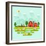 Flat Design Vector Rural Landscape Illustration with Farm Building, Barn, Garden, Beds of Carrots,-MilkyM-Framed Art Print