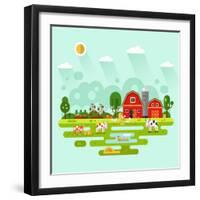 Flat Design Vector Rural Landscape Illustration with Farm Building, Barn, Garden, Beds of Carrots,-MilkyM-Framed Art Print