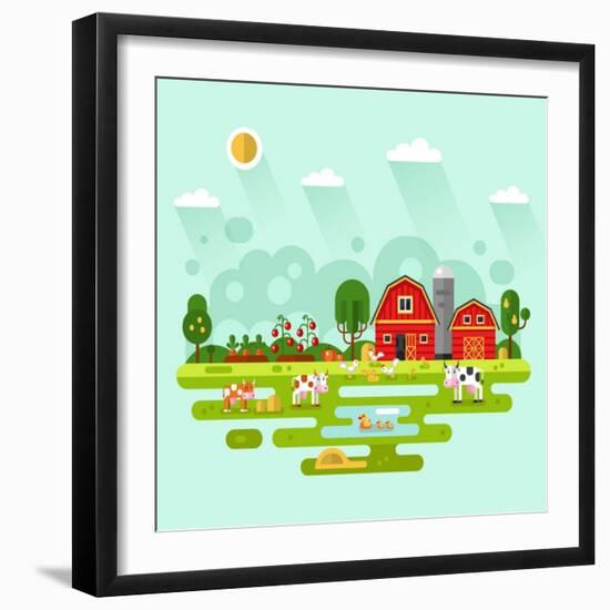 Flat Design Vector Rural Landscape Illustration with Farm Building, Barn, Garden, Beds of Carrots,-MilkyM-Framed Art Print